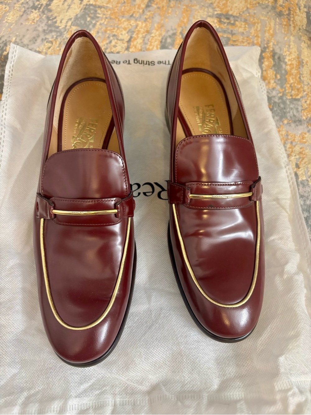 Salvatore Ferragamo Burgundy Leather Loafers with Gold Trim